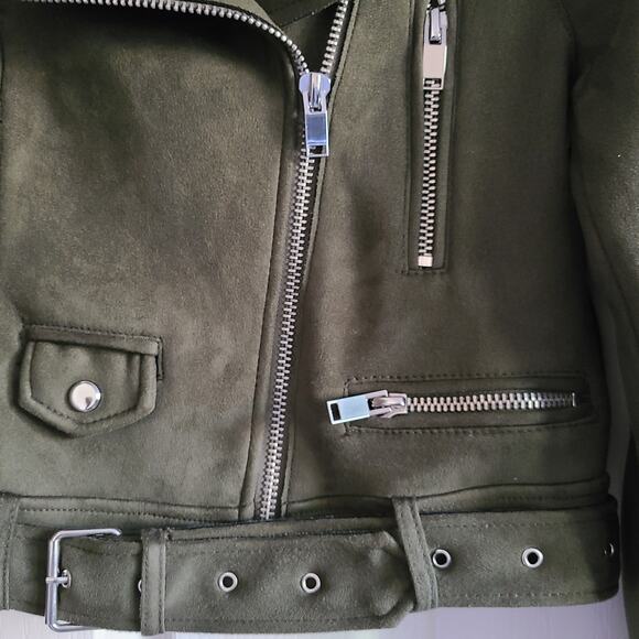ZARA Outwear Olive Green Faux Suede Belted Moto Biker Jacket Women's Size XS - Picture 5 of 11